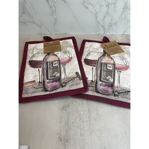 Set of 2 Kay Dee Designs Potholders Wine Bottle & Wine Glasses - New